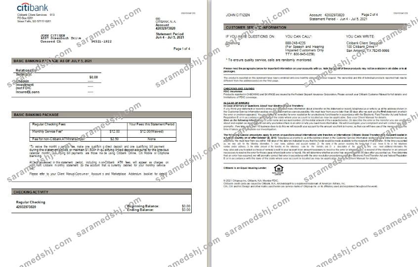 USA Citibank statement Word and PDF template, 3 pages